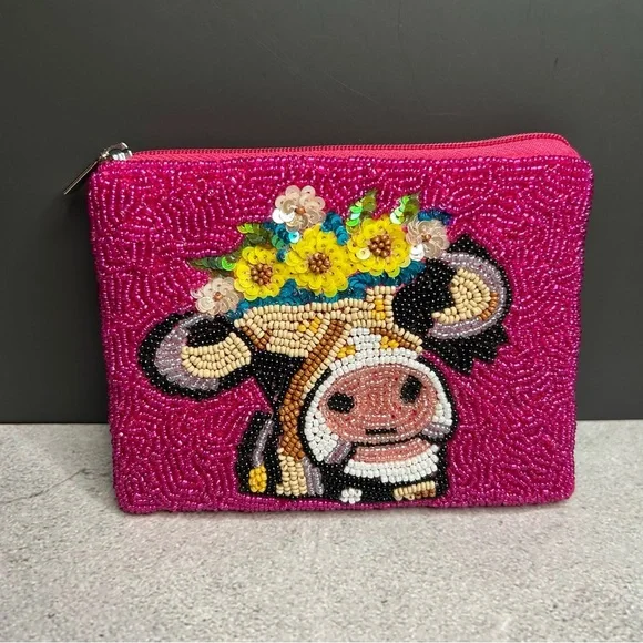 Pink Beaded Cow Cosmetic Bag - Picture 1 of 3